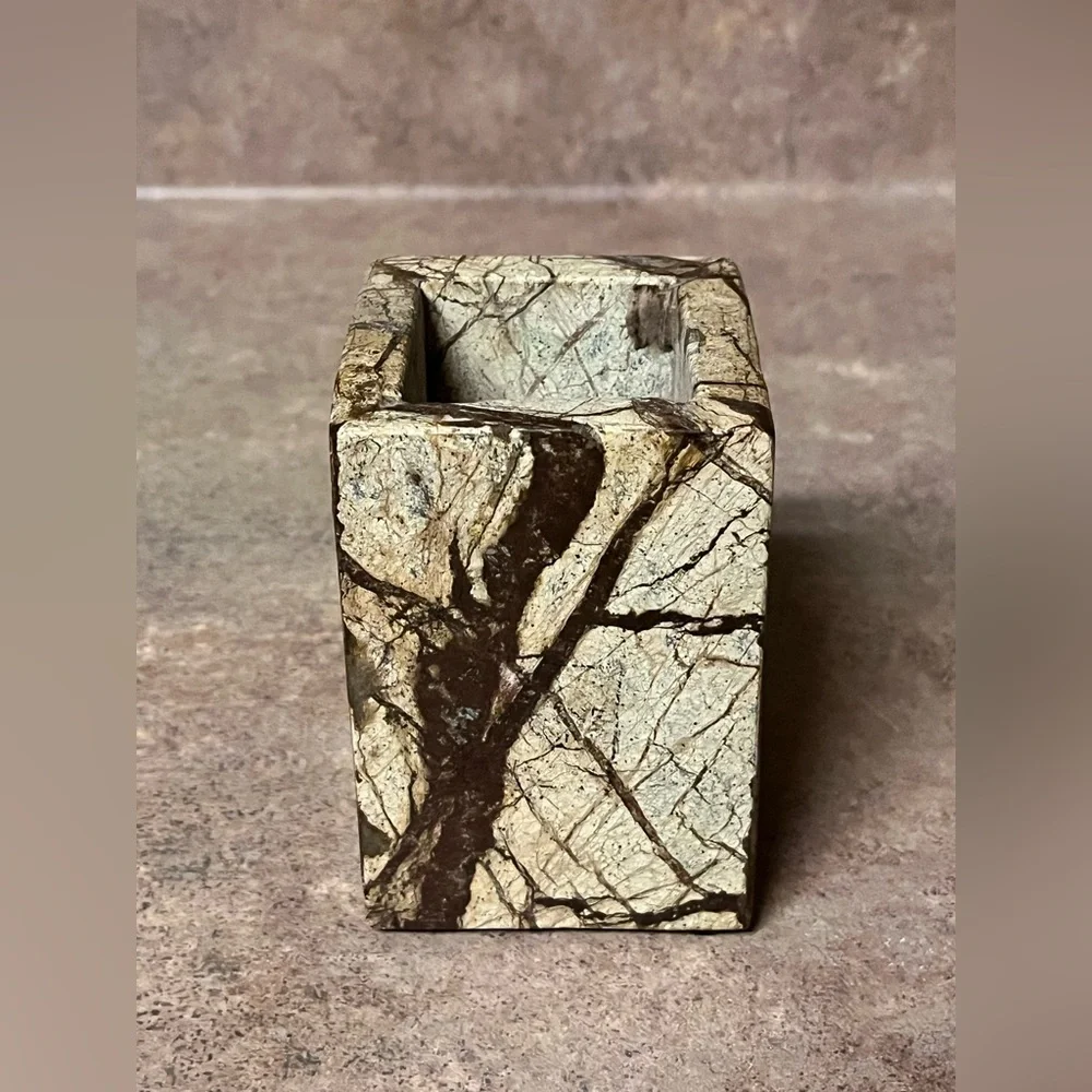 Natural marble brown forest texured marble pen holder, brush holder
